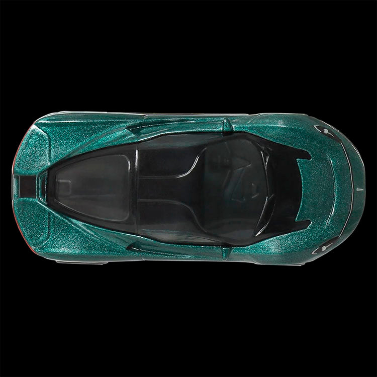 Top-down view of Mattel Hot Wheels green Pininfarina Battista die-cast model car with detailed interior and metallic finish.