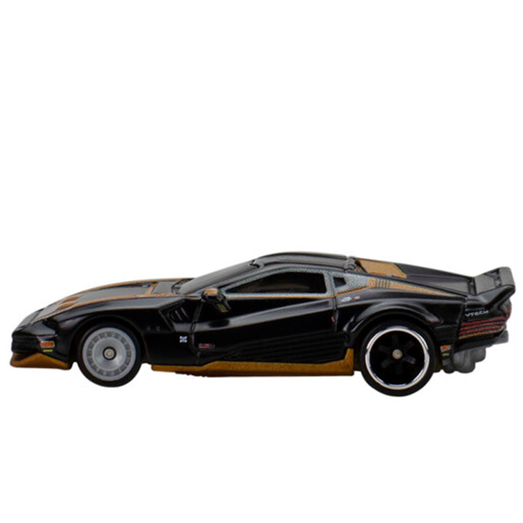Mattel Hot Wheels Cyberpunk Quadra V-Tech Turbo R die-cast model car with detailed black and gold finish