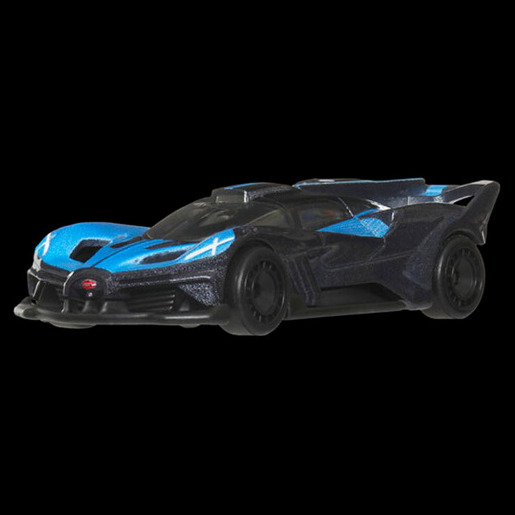 Mattel Hot Wheels Bugatti Bolide chassis conversion model car in black and blue with detailed racing design
