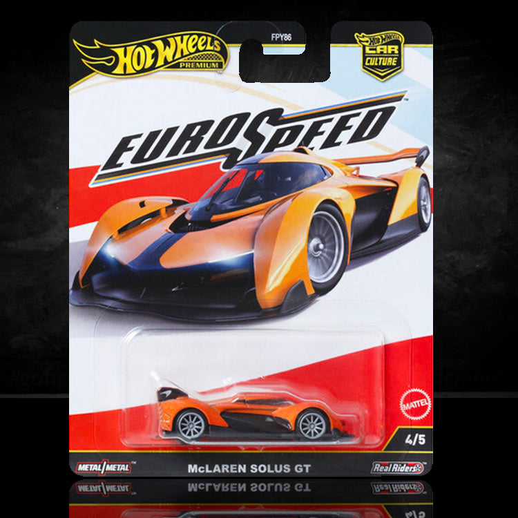 Mattel Hot Wheels Premium McLaren Solus GT Euro Speed chassis conversion die-cast model car in packaging