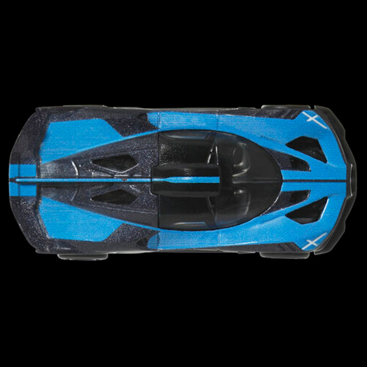 Top view of Mattel Hot Wheels Bugatti Bolide chassis conversion model car in black and blue design