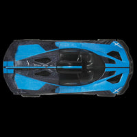 Top view of Mattel Hot Wheels Bugatti Bolide chassis conversion model car in black and blue design