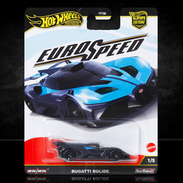 Mattel Hot Wheels Premium Bugatti Bolide Euro Speed model car in black and blue packaging, scale 1:64.