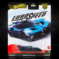 Mattel Hot Wheels Premium Bugatti Bolide Euro Speed model car in black and blue packaging, scale 1:64.