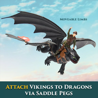 Dragon figure with movable limbs and Viking rider attached via saddle pegs against a sky background