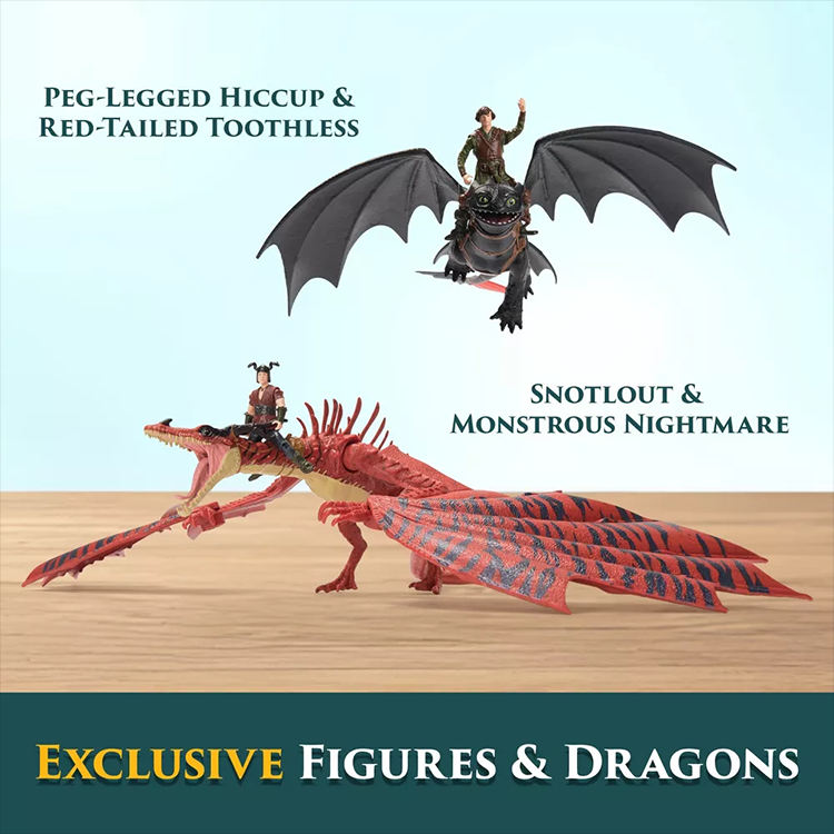 Peg-legged Hiccup riding red-tailed Toothless and Snotlout riding Monstrous Nightmare figures from dragon battle set
