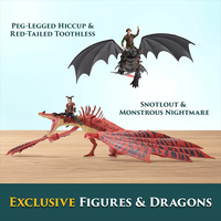 Peg-legged Hiccup riding red-tailed Toothless and Snotlout riding Monstrous Nightmare figures from dragon battle set