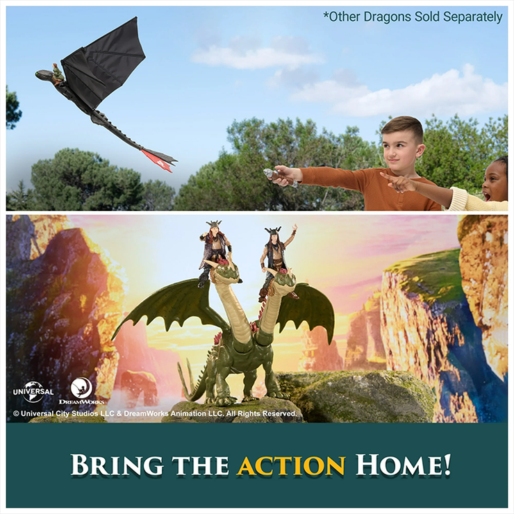 Hideous Zippleback dragon action figure with Ruffnut and Tuffnut Viking riders in outdoor and sunset play scenes