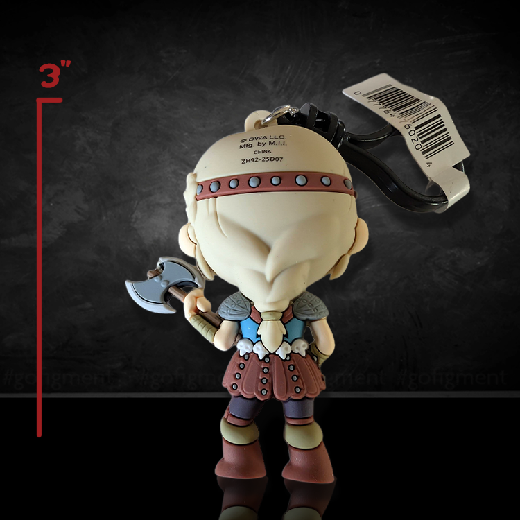 Back view of How to Train Your Dragon Astrid 3-inch PVC foam bag clip with axe and keychain clip attached