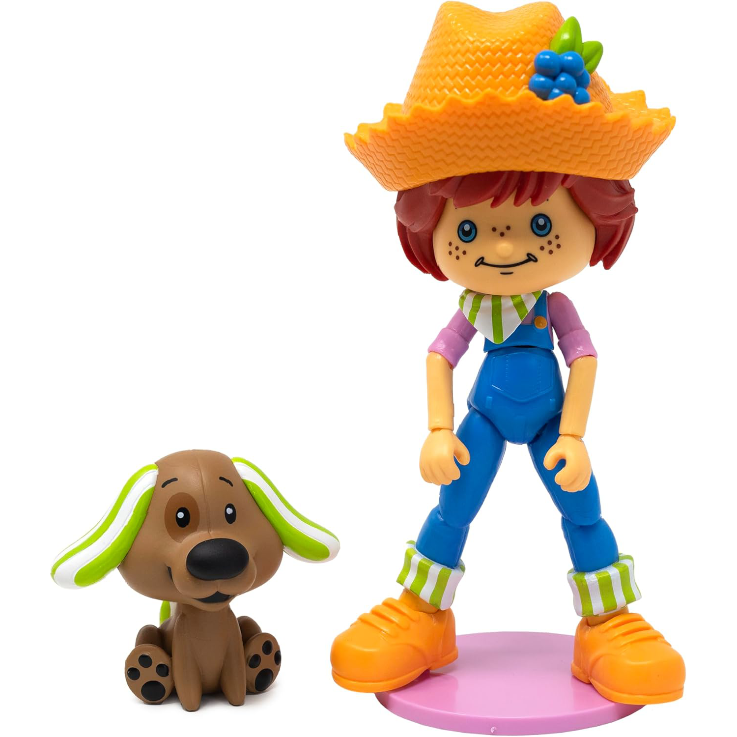 Boss Fight Studio Llc Huckleberry Pie figure with orange hat, blue overalls, striped cuffs, orange shoes, and green-eared dog on pink base