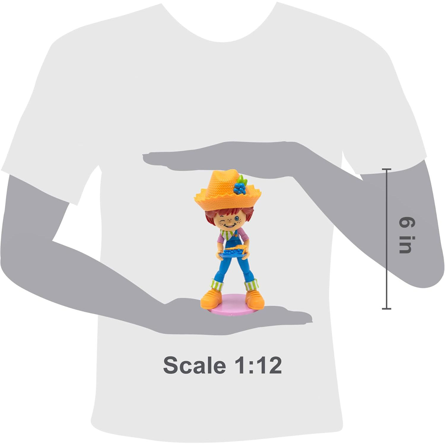 Boss Fight Studio Llc Huckleberry Pie 1:12 figure with orange hat, purple shirt, blue jeans, and orange shoes on pink base