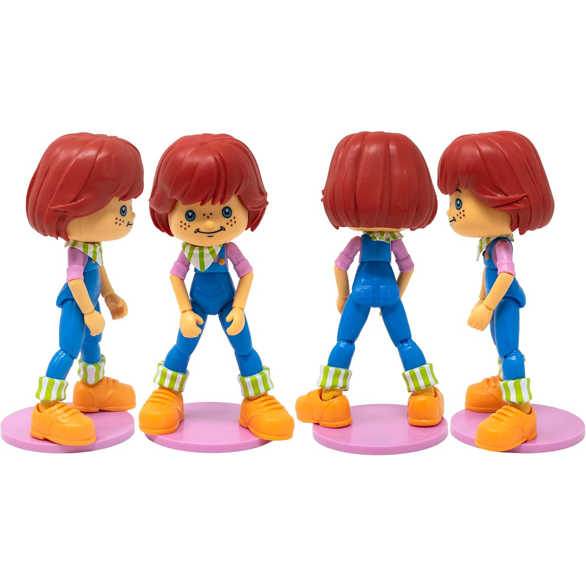 Boss Fight Studio Llc Huckleberry Pie 1:12 collectible figure with red hair, blue overalls, orange shoes, and pink display bases