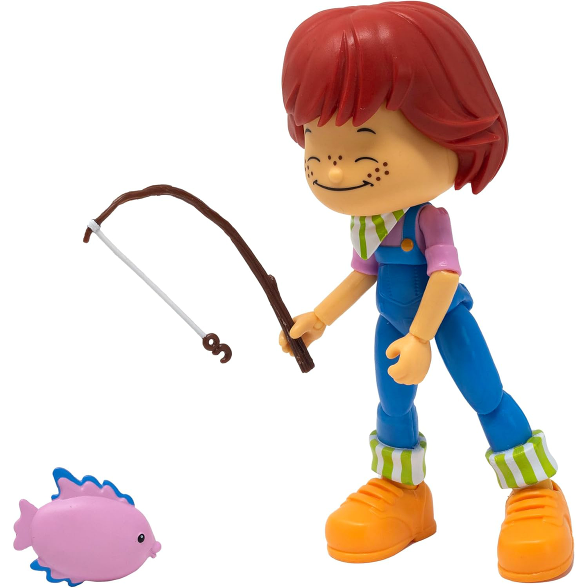 Boss Fight Studio Llc Huckleberry Pie figure with red hair, blue overalls, fishing pole, orange shoes, and pink fish accessory