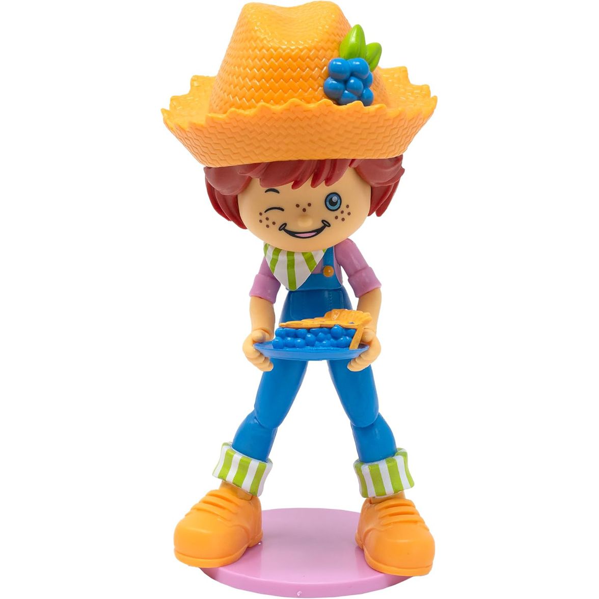 Boss Fight Studio Llc Huckleberry Pie 1:12 action figure with orange hat, blue overalls, holding blueberry pie on pink base