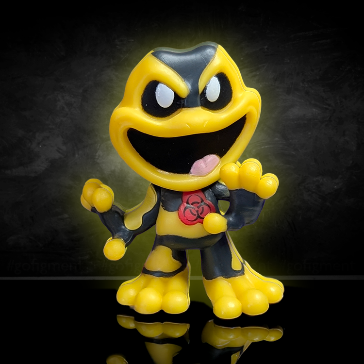 Go Figment Nightmare Critters Series 4 yellow and black mini figure with biohazard symbol and mischievous expression