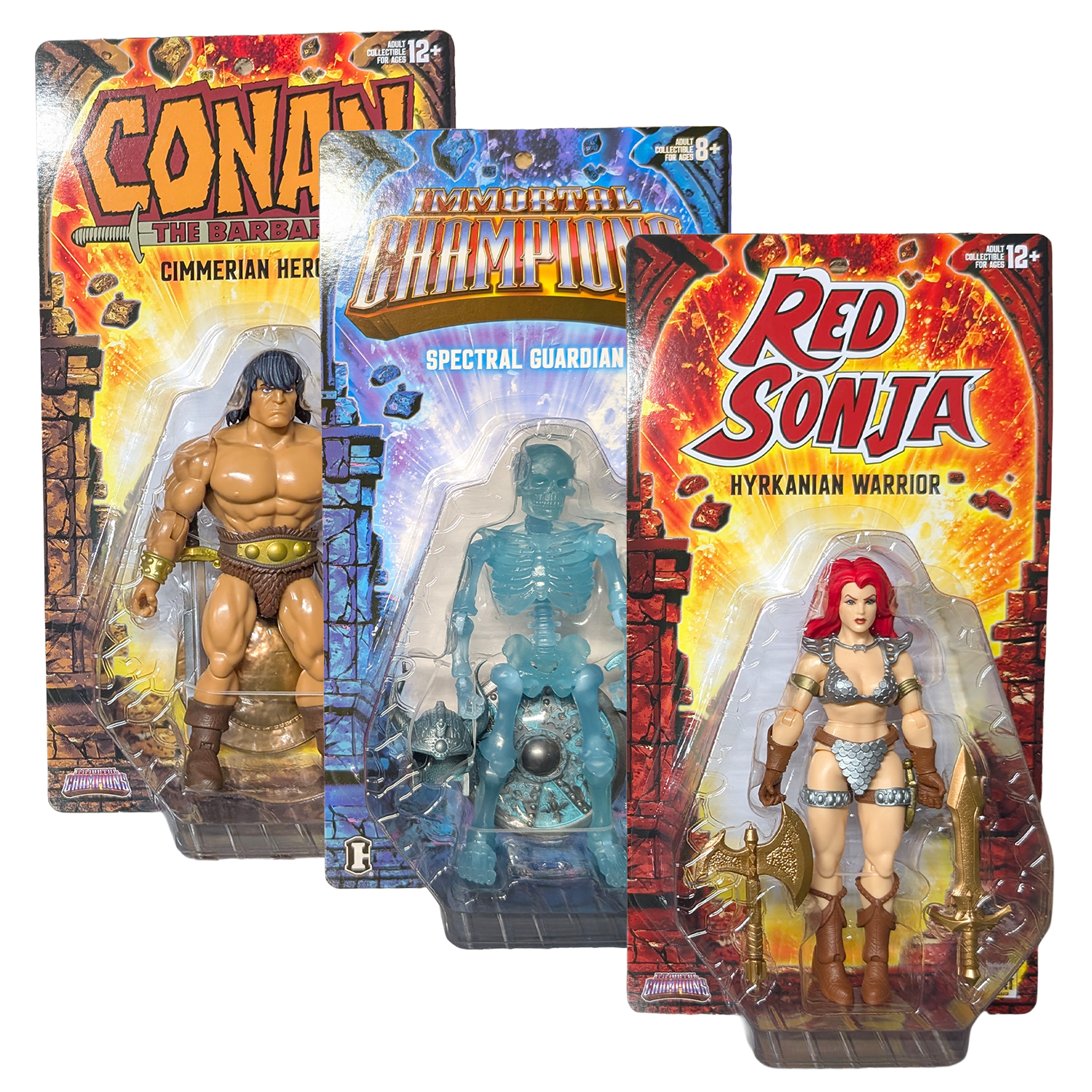 Carded fantasy action figures featuring Conan, a spectral guardian, and Red Sonja