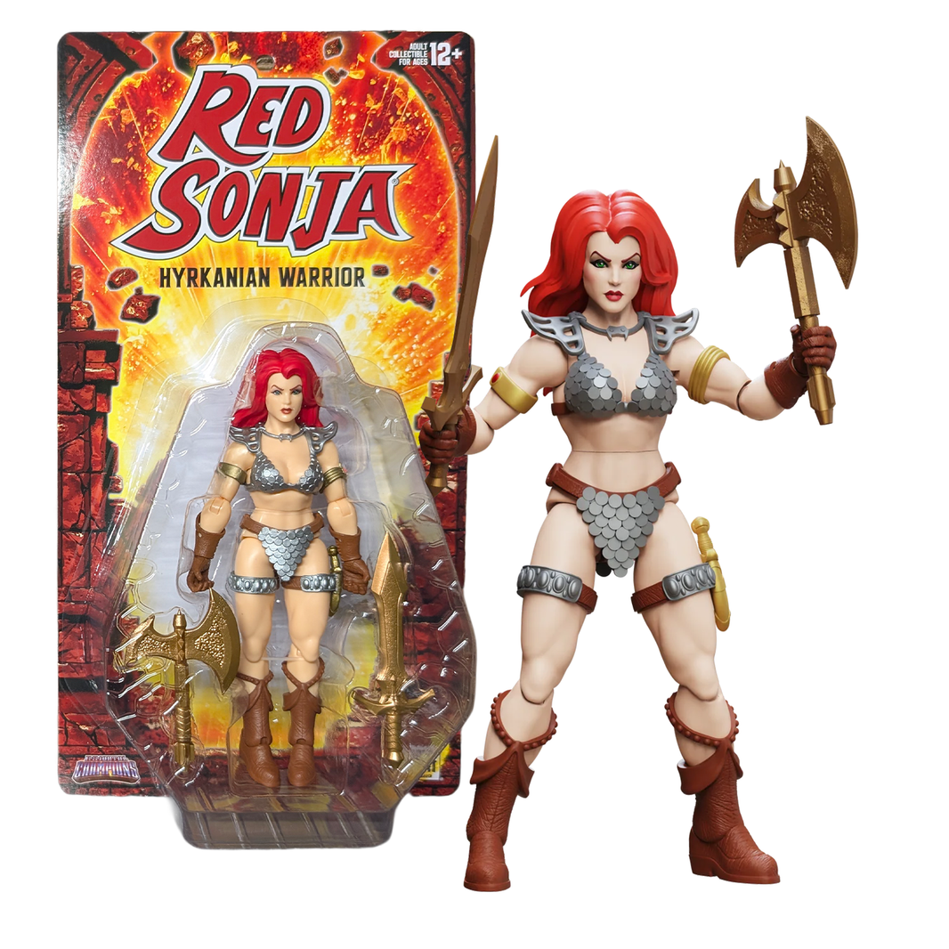 Red Sonja Hyrkanian Warrior action figure with axe beside its colorful retail packaging