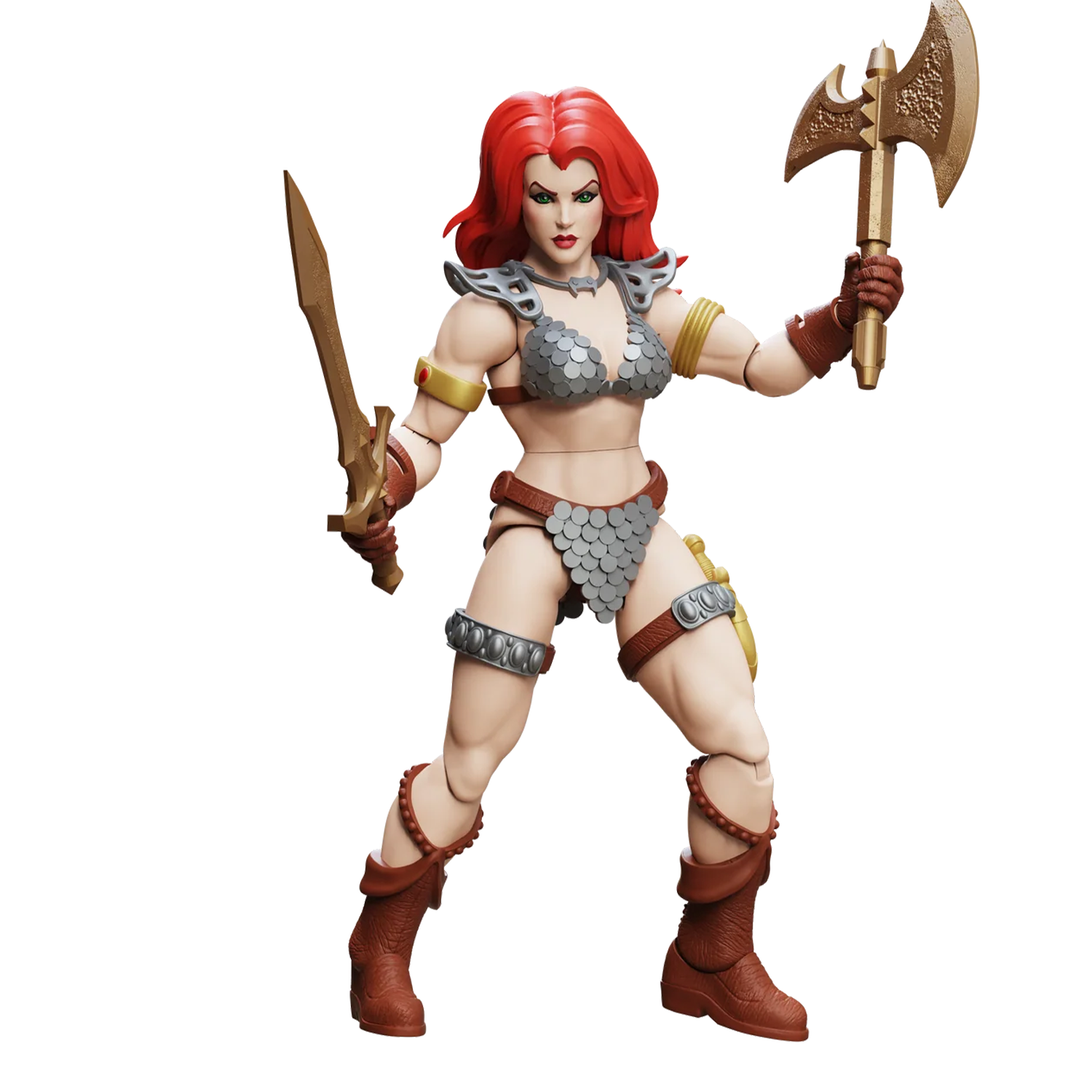 Red-haired warrior woman figure holding a sword and battle axe, wearing silver armor and brown boots