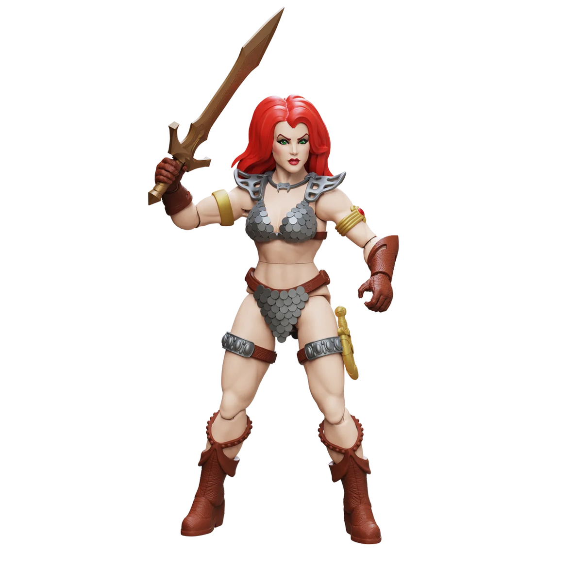Red-haired female warrior in scale armor holding a sword
