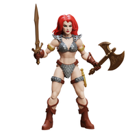 Red-haired fantasy warrior woman holding a sword and battle axe