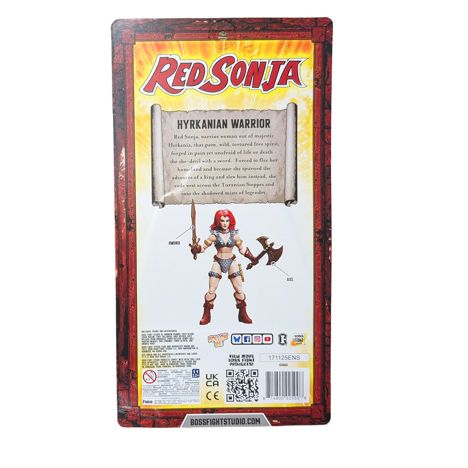 Back of Red Sonja action figure packaging showing the warrior character, biography text, barcode, and QR code