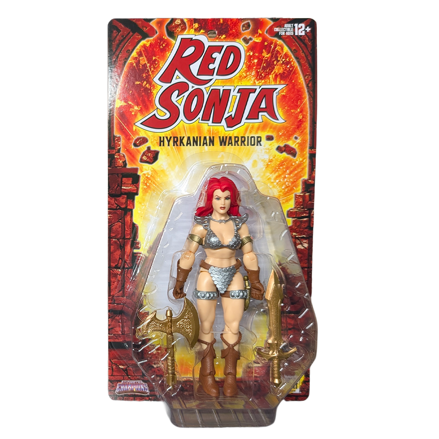 Red Sonja Hyrkanian Warrior action figure in blister packaging with sword and shield accessories