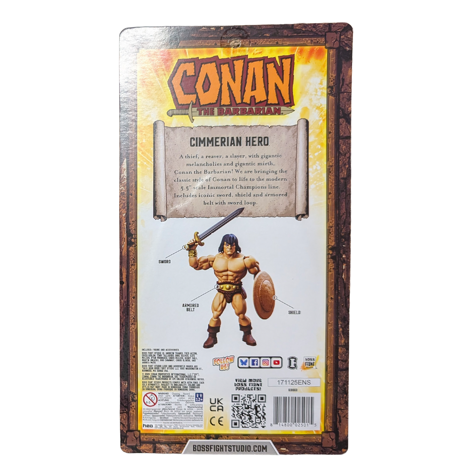 Back of Conan the Barbarian action figure packaging featuring Cimmerian Hero artwork and character details