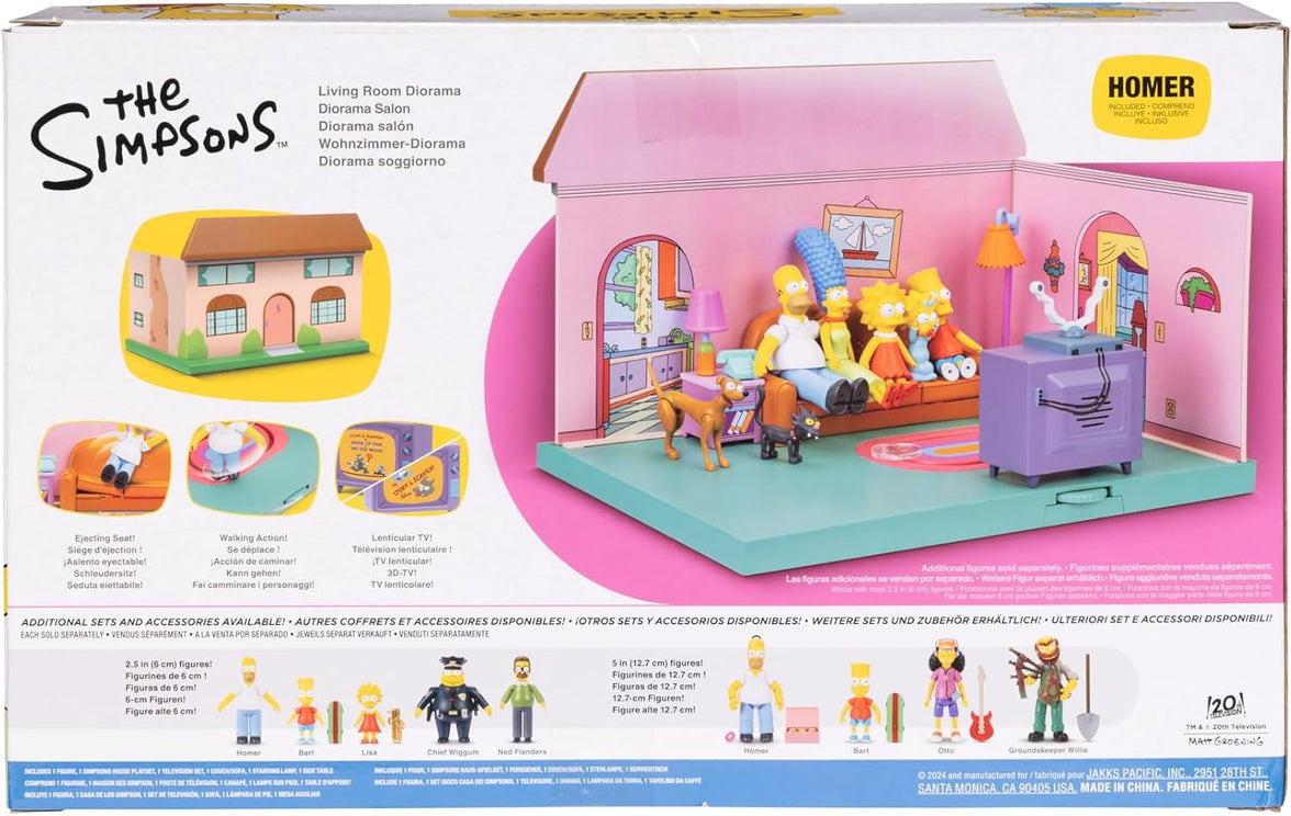 Simpsons living room diorama with Homer, Marge, Bart, Lisa, Maggie, dog, cat, and purple TV set.