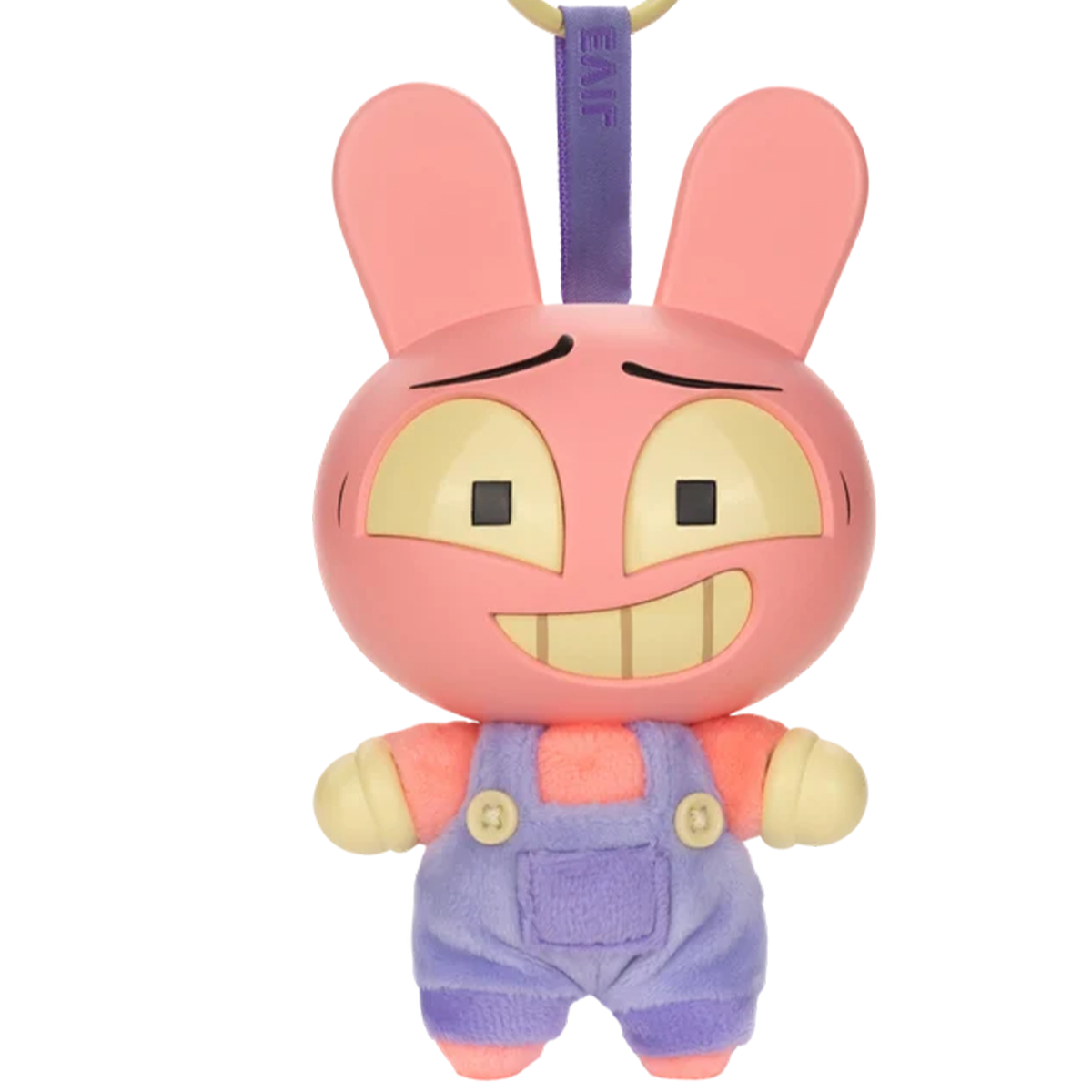 Pink bunny plush wearing purple overalls with yellow buttons and a hanging strap