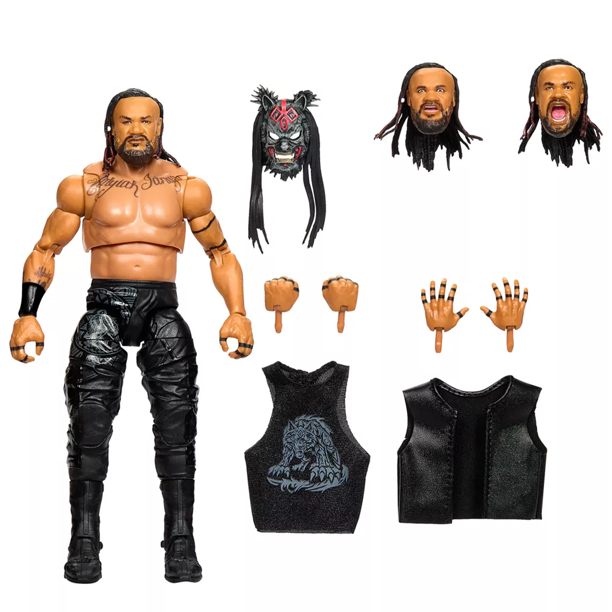 Wrestling action figure with interchangeable heads, hands, black pants, and two black vest accessories
