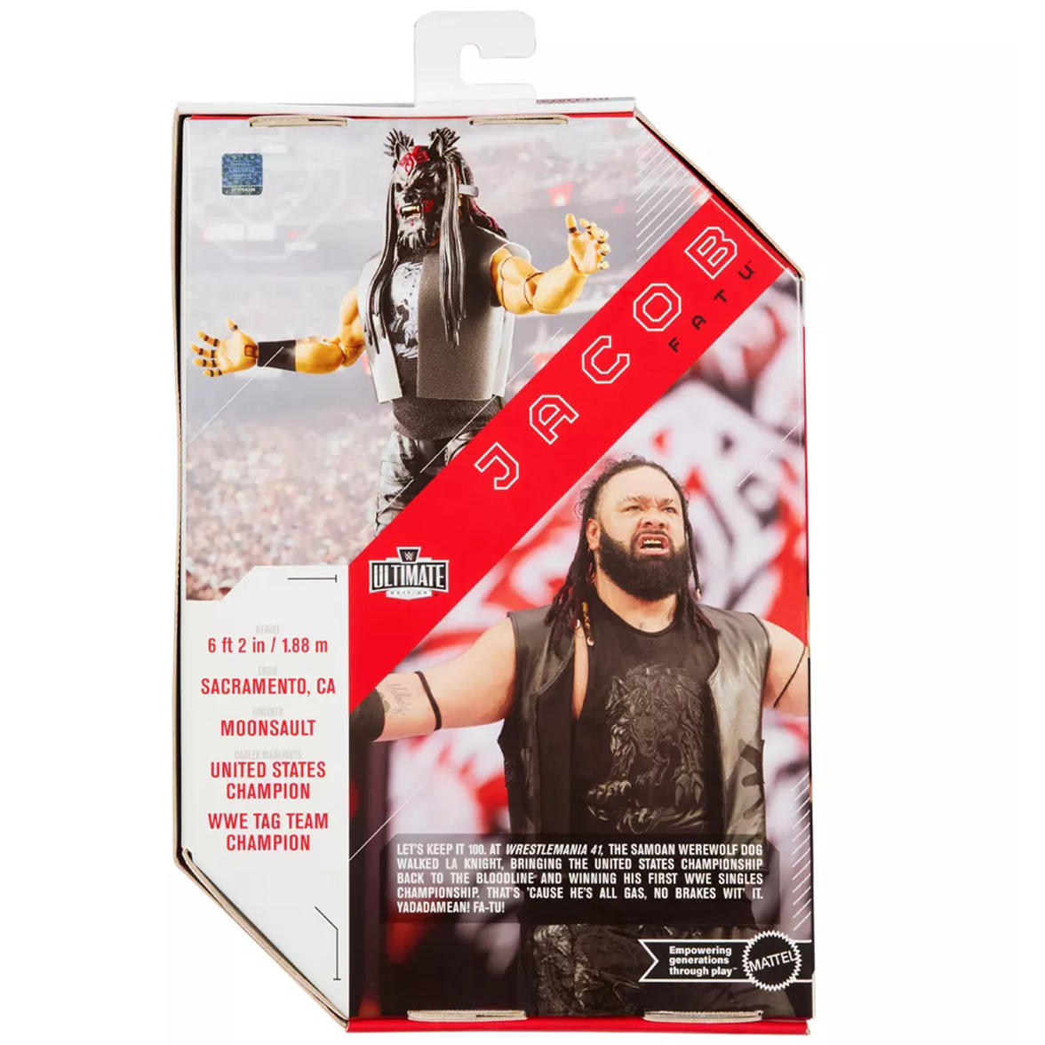 Wrestling action figure packaging featuring a bearded wrestler in black attire and championship details