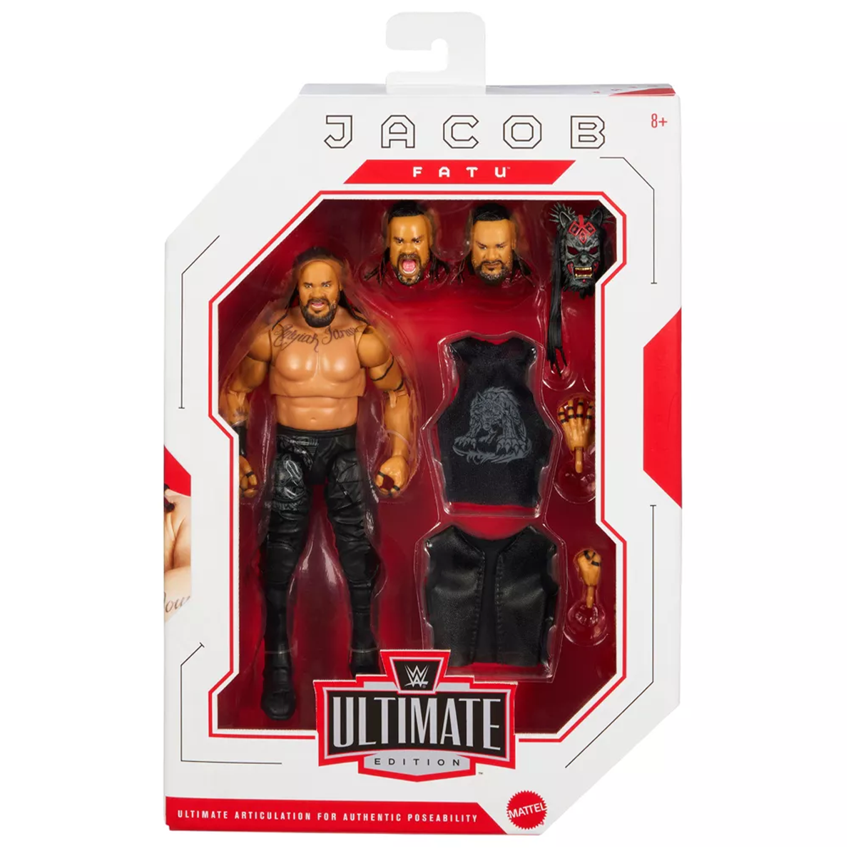 Jacob Fatu wrestling figure in red and white packaging with alternate heads, hands, and black clothing accessories