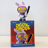 Glitch Animiniz figure from Digital Circus dressed in maid outfit holding a bat with wide yellow eyes and bunny ears