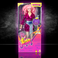 Jem and the Holograms 12 inch fashion doll by Loyal Subjects in pink outfit with microphone and accessories in packaging