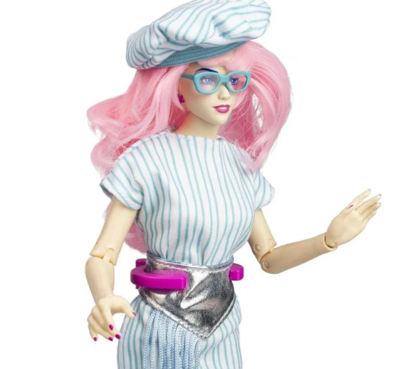 Loyal Subjects Jem and the Holograms 12 inch fashion doll with pink hair and striped outfit and hat