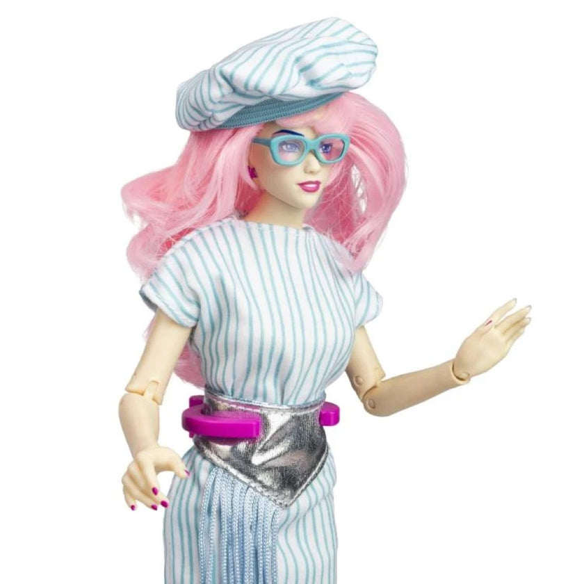 Loyal Subjects Jem and the Holograms 12 inch fashion doll with pink hair and striped outfit and hat