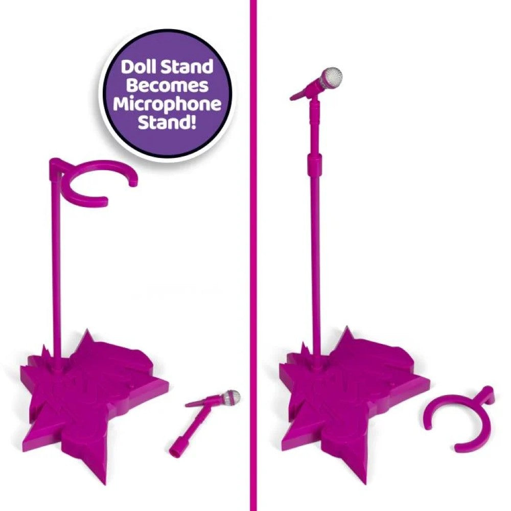 Loyal Subjects Jem doll stand transforming into a pink microphone stand with detachable microphone accessory.