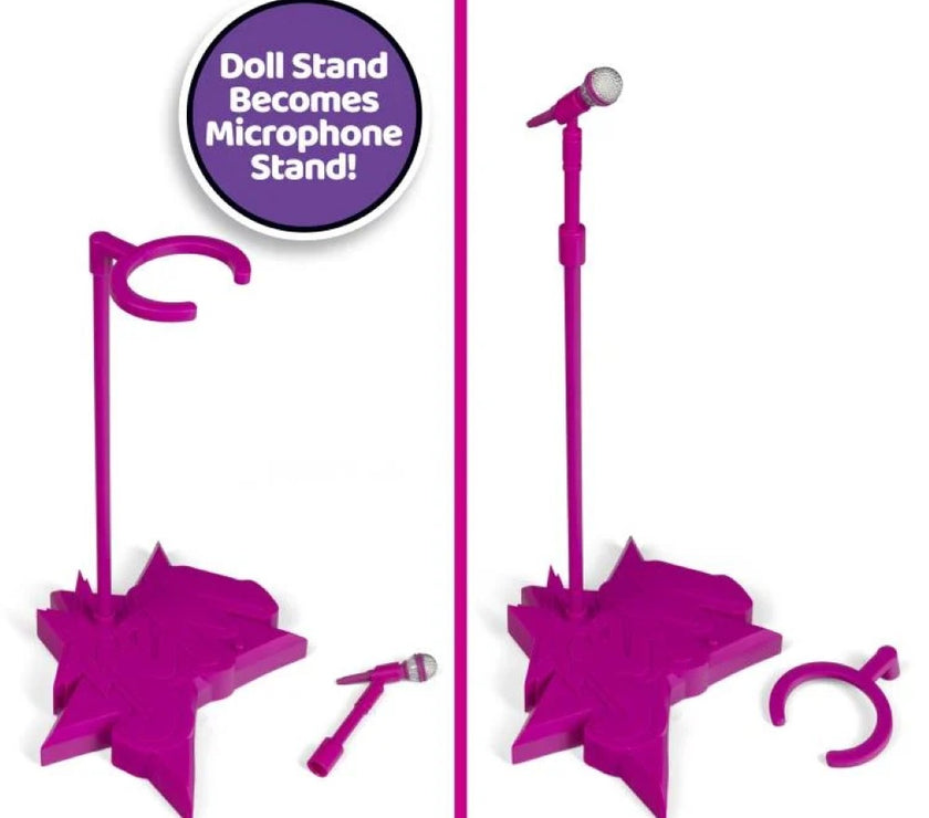 Loyal Subjects Jem doll stand transforming into a pink microphone stand with detachable microphone accessory.