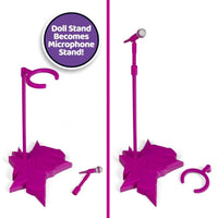 Loyal Subjects Jem doll stand transforming into a pink microphone stand with detachable microphone accessory.