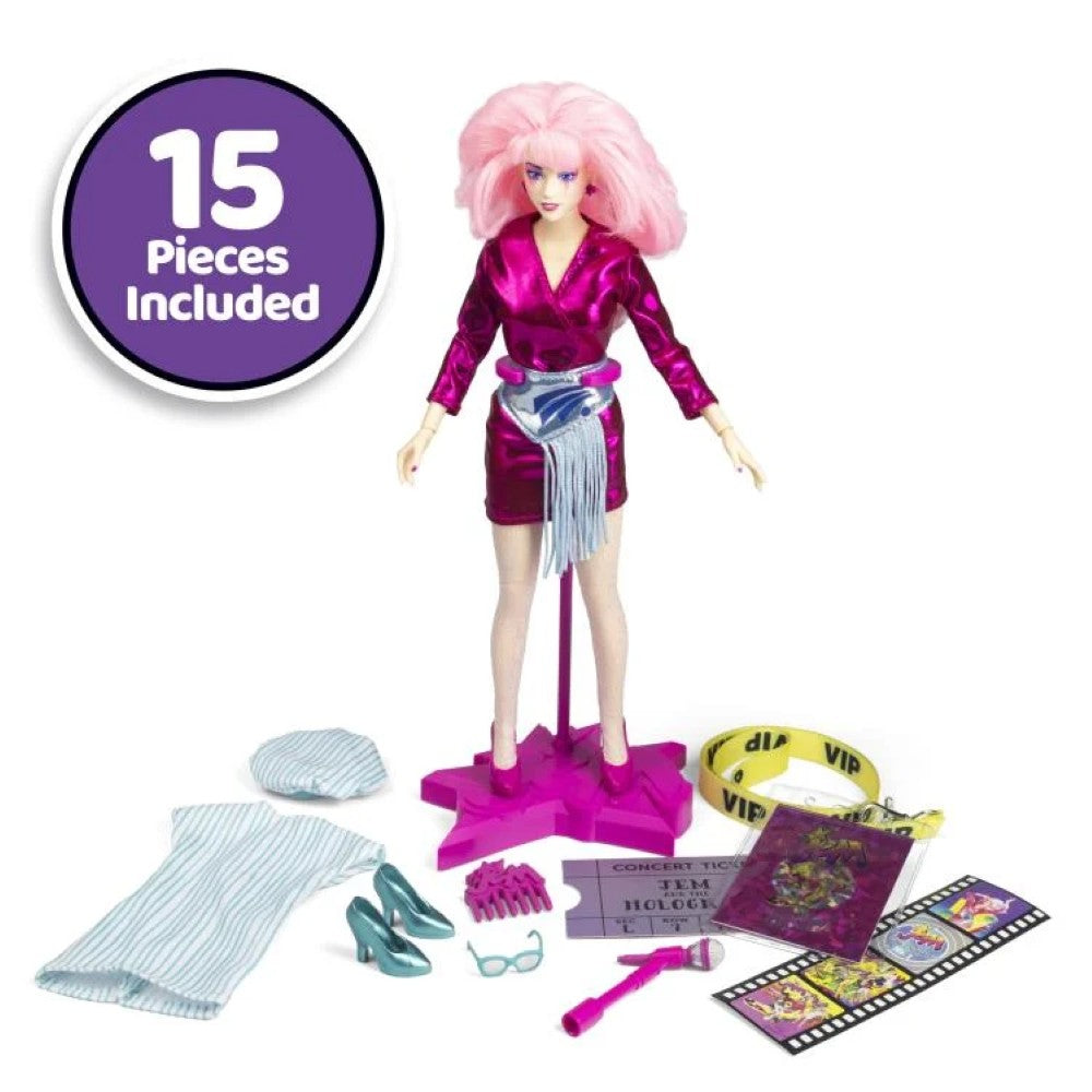 Jem and the Holograms 12-inch fashion doll by Loyal Subjects with 15 accessories and pink hair on star stand