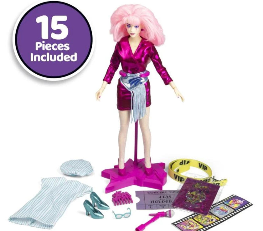 Jem and the Holograms 12-inch fashion doll by Loyal Subjects with 15 accessories and pink hair on star stand