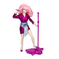 Jem and the Holograms 12 inch fashion doll by Loyal Subjects in shiny pink outfit with pink microphone and stand