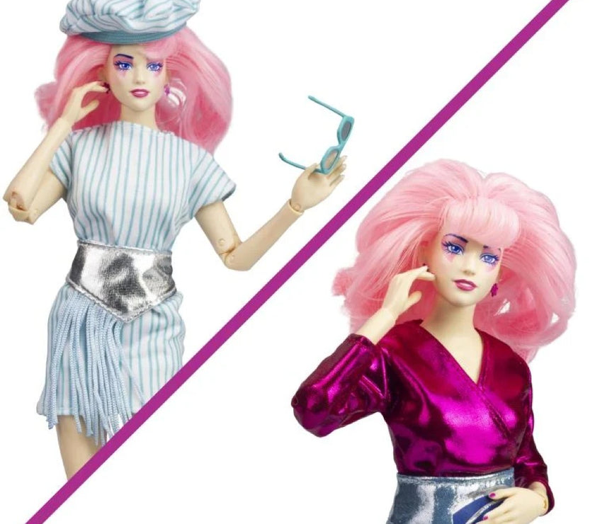 Two Jem and the Holograms 12 inch fashion dolls with pink hair by Loyal Subjects in stylish outfits