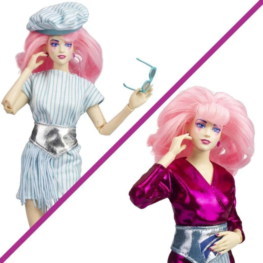 Two Jem and the Holograms 12 inch fashion dolls with pink hair by Loyal Subjects in stylish outfits