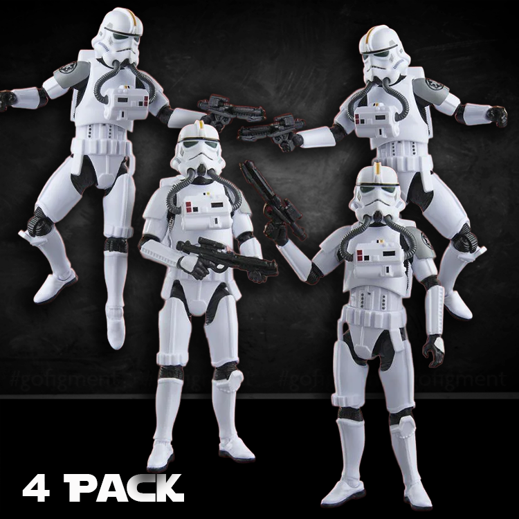 Kenner Star Wars Vintage Collection Jetpack Troopers 4-pack with helmets, armor, jetpacks, and blasters on black background