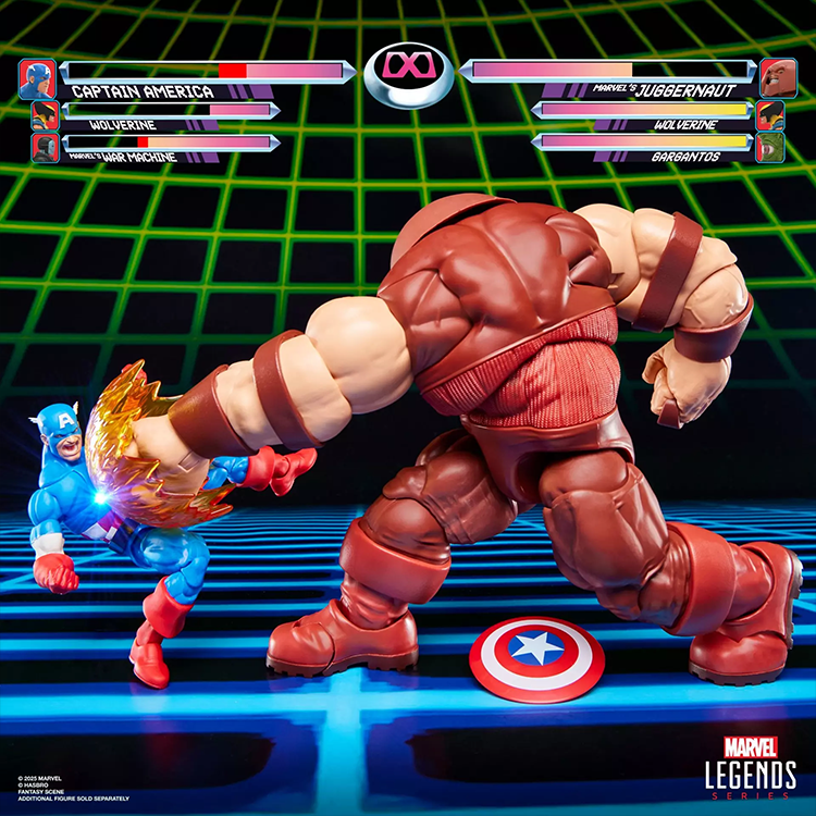 Marvel Legends Gamerverse Juggernaut figure delivering a powerful punch to Captain America in a retro arcade style scene.
