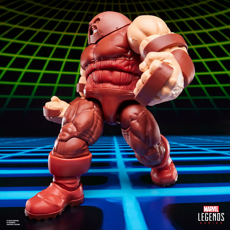 Detailed Gamerverse Juggernaut action figure by Hasbro posed on neon grid background with powerful stance