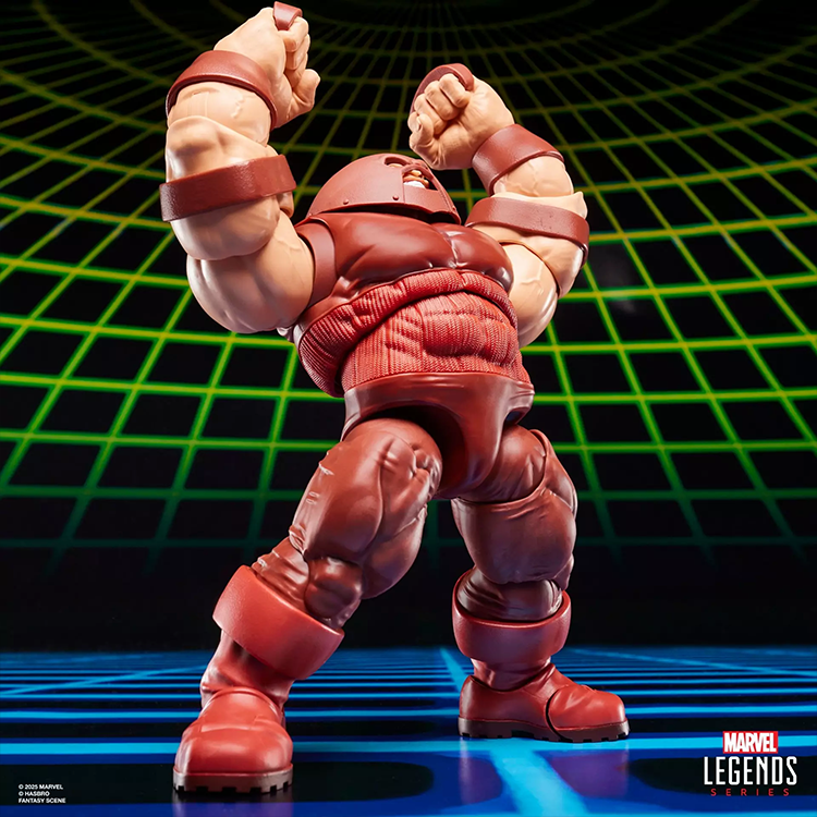 Marvel Legends Gamerverse Juggernaut action figure in dynamic pose with retro grid background by Hasbro.