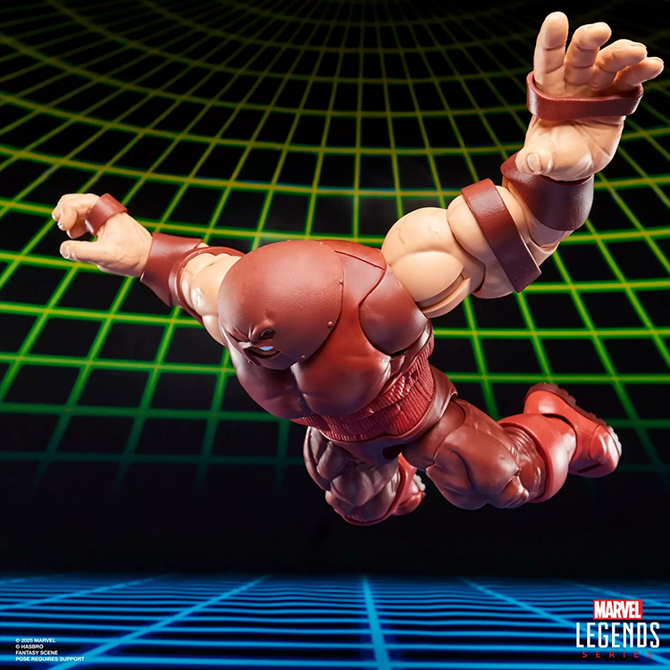 Marvel Legends Gamerverse Juggernaut action figure posed mid-air with retro grid background and power stance