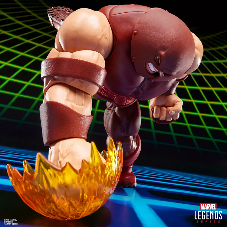 Marvel Legends Gamerverse Juggernaut action figure in dynamic pose with power effect accessory on a retro grid background.